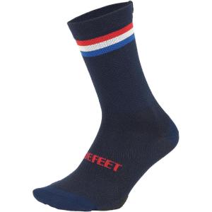 imageDEFEET  Cyclismo 6quot  Thinner LowBulk MetaPad Knit in Foot Pad Textured Weave Cuff NoFeel Toe Seam MoistureWickingNavy WScarlet  White  and Royal Stripes