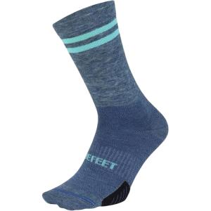 imageDEFEET  Cyclismo middensity 6inch crew Merino Wool padded fit profile sock for all active pursuitsSapphire WNeptune Stripes